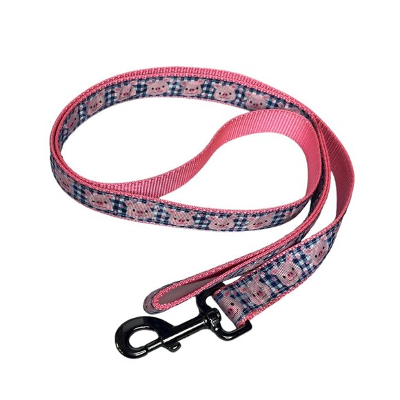 Dog Leash Pink Pigs Blue Checked 1" x 61" - Picture 2 of 4